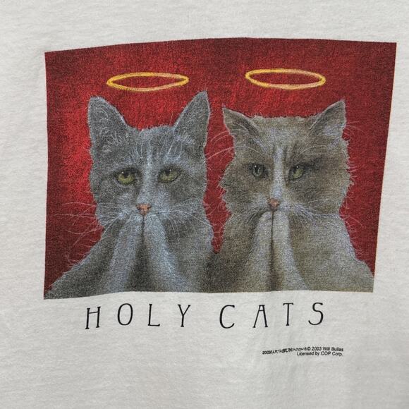 Vintage Will Bullas Holy Cats 2003 Earth Sun Moon Tee Shirt Angel Cat Religion - Picture 2 of 8